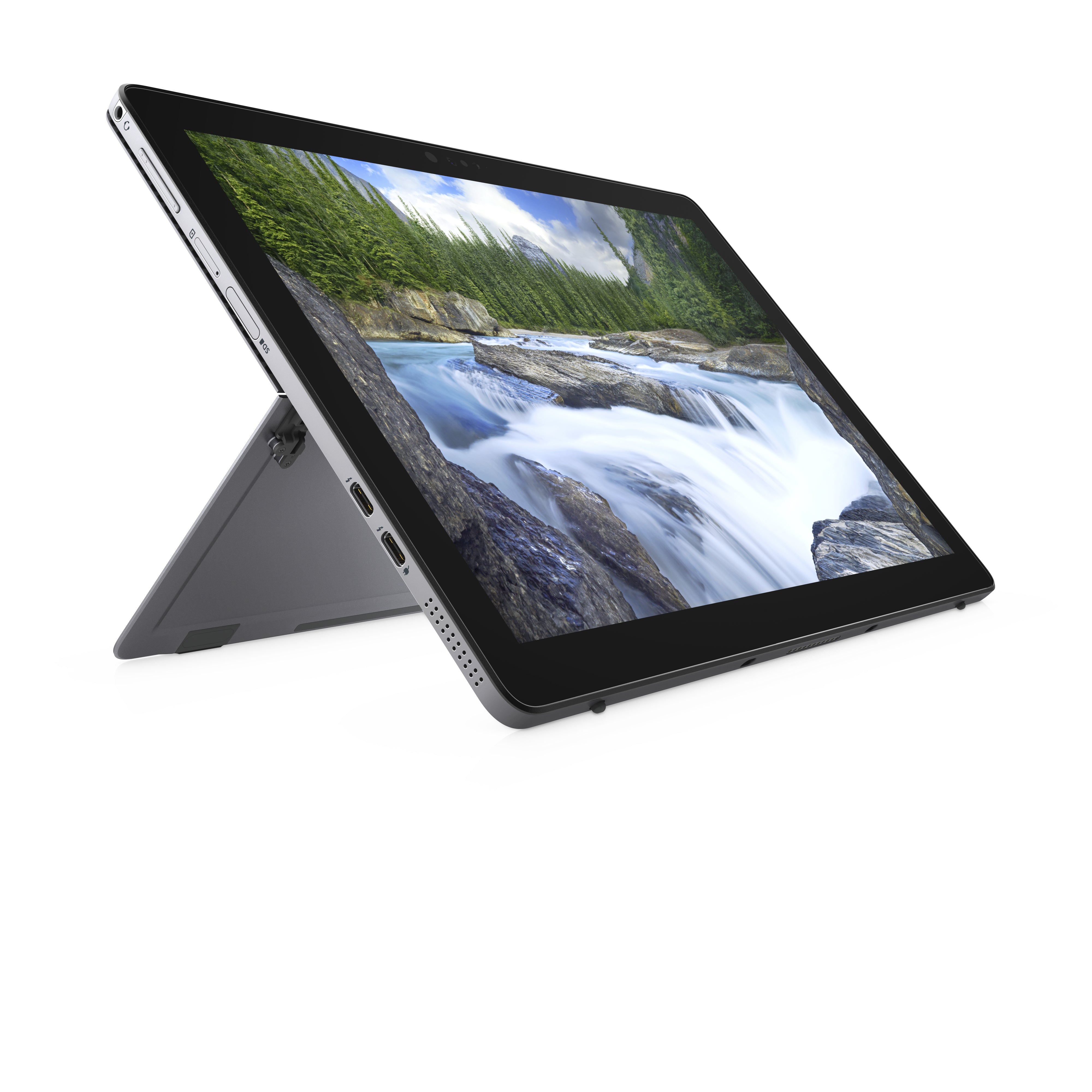 DELL Latitude 7200 in modalità stand con supporto posteriore, ideale per videoconferenze e presentazioni. DELL Latitude 7200 in modalità stand con supporto posteriore, ideale per videoconferenze e presentazioni.